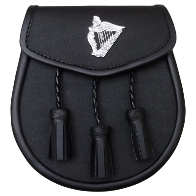Leather Sporran with Harp Badge on Front 3 Tassels & Sporran Chain Belt.
