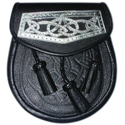 Sporran, Black leather, and Celtic Knot design head on flap snaps closure comes, 3 leather tassels, 