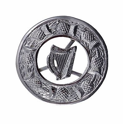 Fly plaid brooch thistle ring with irish harp crest chrome silver finish