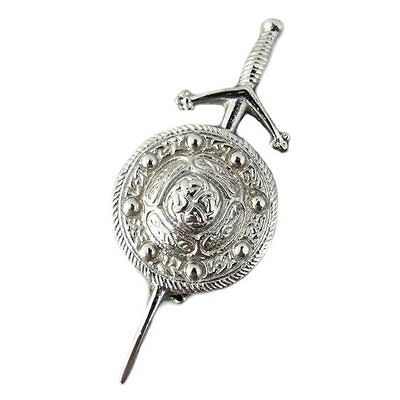 This kilt pin typically showcases a sword, a symbol of valor and tradition