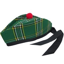 Irish National Tartan Glengarry Hat Fully lined Cotton ribbon at the back Red pompom on top