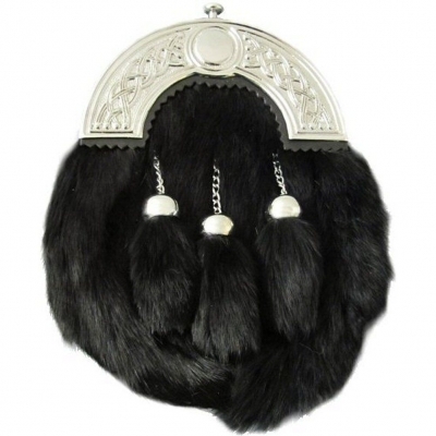 SPORRAN Black Rabbit Fur with Silver Cantle Platted celtic cantle design 3 black fur tassles dangli