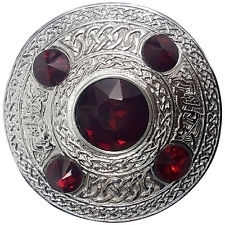 Plaid brooch Celtic embossed with RED stone chrome silver finish