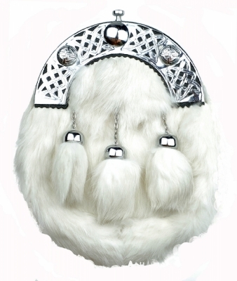 Sporrans are made from White Rabbit Furr at the front & Leather at the back. Featuring a chrome fini