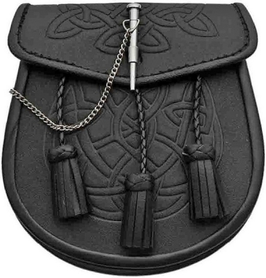 Black Smooth Leather Sporran embossed with Celtic pattern Pin closure