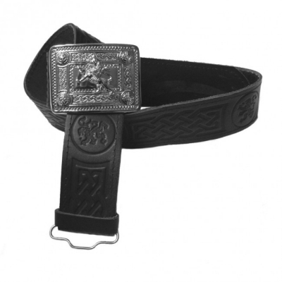 Men Kilt Belt Black leather Celtic Knot and Rampant Lion pattern Silver Chrome Buckle
