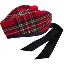 Royal Stewart Glengarry Hat Fully lined Cotton ribbon at the back Red pompom on top