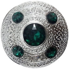 Plaid brooch celtic embossed with green stone chrome silver finish