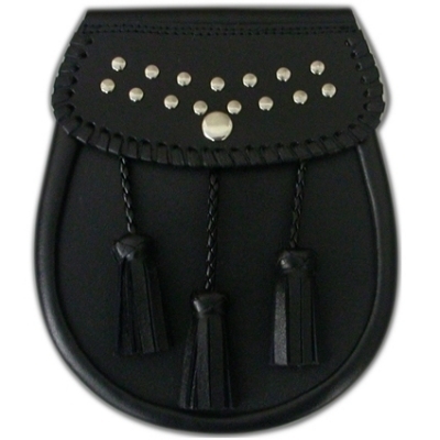 The Black Leather Sporran with a studded design on the flap