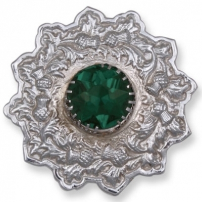 Plaid brooch thistle embossed with green stone chrome silver finish