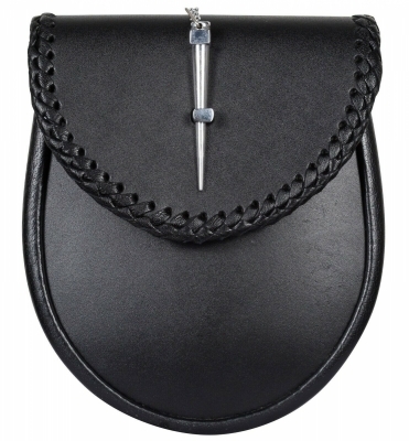 The Black Leather Sporran with a chrome steel chain and pin lock closure 