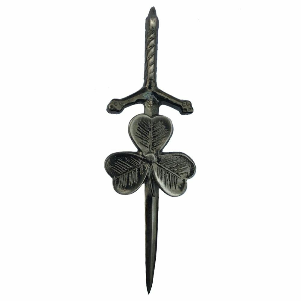 A shamrock (clover) kilt pin with an antique finish