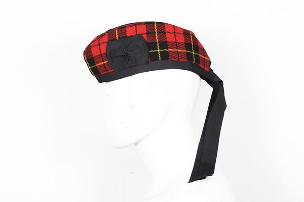 Wallace Tartan Glengarry Hat Fully lined Cotton ribbon at the back Red pompom on top