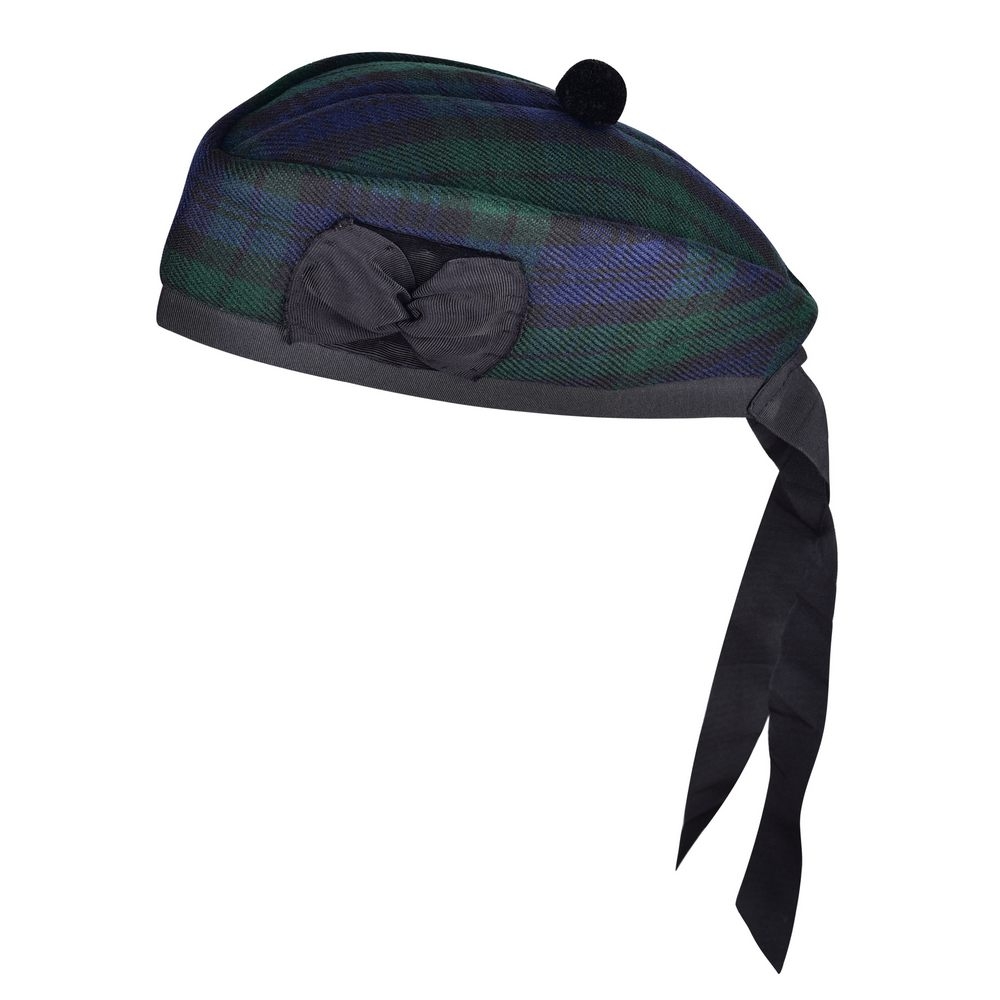 Black Watch Glengarry Hat Fully lined Cotton ribbon at the back Red pompom on top