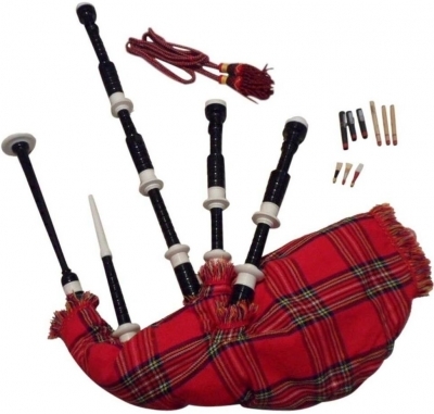 Scottish Bagpipe Black color Royal Stewart Tartan Bag & Cord White Plastic Scrolls, Sole and Knobs