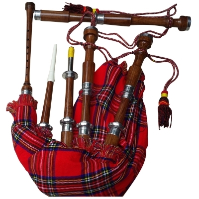 BROWN Wood bagpipe Royal Stewart Bag cover with cord, with turned Plain nickel Sole and Knobs 