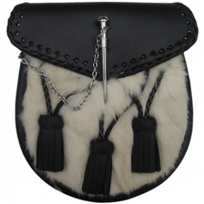 Rabbit Fur Sporran 3 leather tassels and a metal loop and pin closure flap