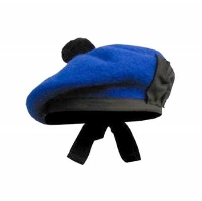Royal blue Balmoral Cap wool in plain black pom any sizes