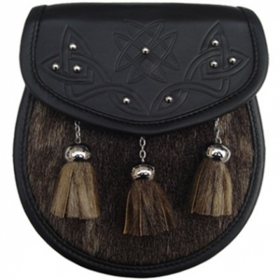 Seal Skin Sporran THISTLE embossed on Leather Flap with studs Chain Straps included.