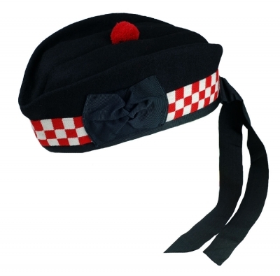 Glengarry Cap made of Black Wool Red White dicing black pom any sizes