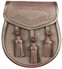 The Brown Leather Sporran with three tassels Celtic-embossed flap