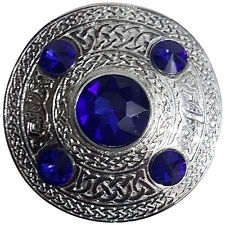 Plaid brooch celtic embossed with blue stone chrome silver finish