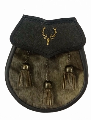 Semi Dress Kilt Sporran Stag Head Badge Antique Finish 3 Seal Skin Tassels 