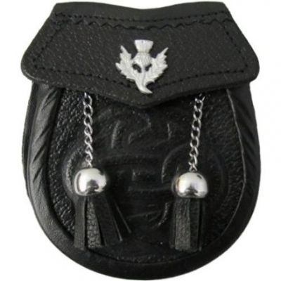 BOY SPORRAN Black Leather Sporran Thistle Badge On The Flap Free Sporran Belt 