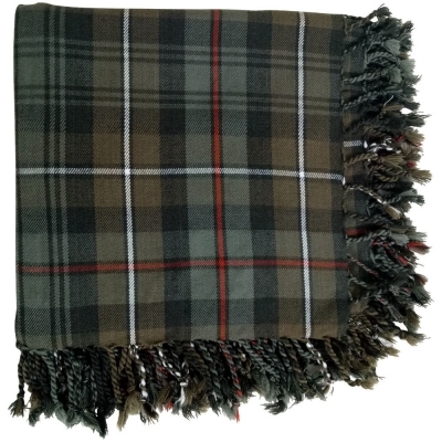 A Weathered Mackenzie Tartan fly plaid with fringed edges all around