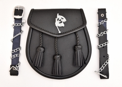 Leather Sporran with BAGPIPE Badge on Front 3 Tassels  Free Sporran Chain & Leather Strap.