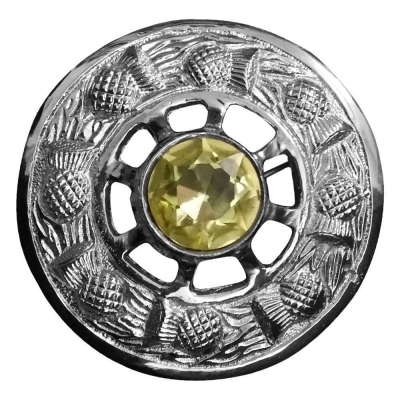 A plaid brooch featuring a thistle ring Amber stone silver finish