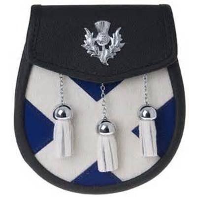 SEMI SPORRAN White goatskin front with blue leather darts to create Saltire design 