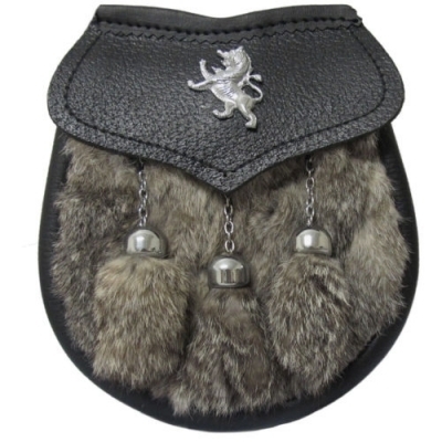 GREY Rabbit Fur Lion Sporran Front opening with lion badge on the flap