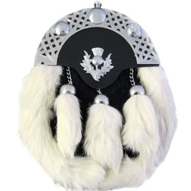 SPORRAN Celtic cantle with mounted thistle Black and white rabbit fur 3 white fur tassels on chains