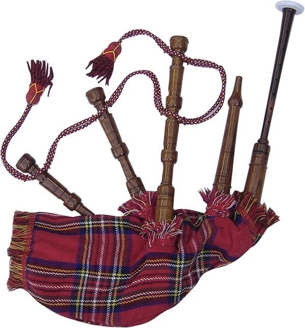 Toy or Dummy Bagpipe, with functional Chanter, & Plastic Chanter Sole dressed in Royal Stewart 