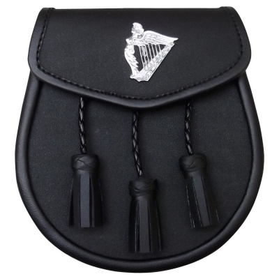 Leather Sporran with Harp Badge on the Front featuring three tassels