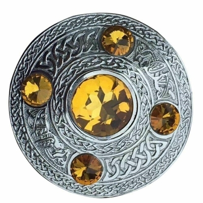 Plaid brooch celtic embossed with yellow stone chrome silver finish
