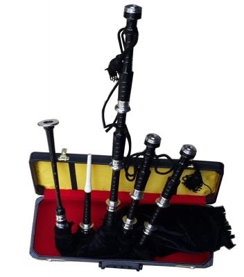 BLACK Wood bagpipe, Velvet Cover with cord, with turned Plain nickel Sole and Knobs with soft synthe