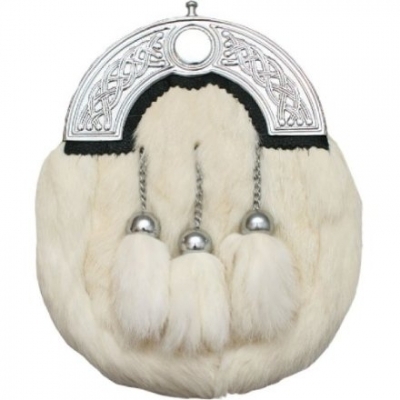 White rabbit fur sporran Celtic cantle 3 white rabbit fur tassels on chains