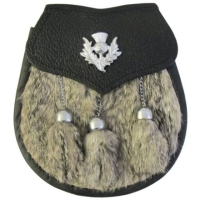 Rabbit fur front Stud opening with thistle badge on the flap