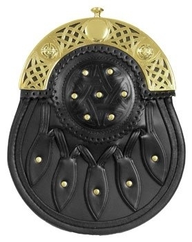 Sporran is made of genuine leather (black), Gold plated brass cantle with Celtic design, and studded
