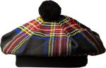 Premium Black Stewart Tartan Tam O’ Shanter Hat with Headband