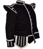 Pipe Band Doublet: Black Wool, Silver Braid, White Piping