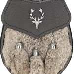 Stag-Emblem Sporran: A Blend of Black Leather & Grey Rabbit Fur
