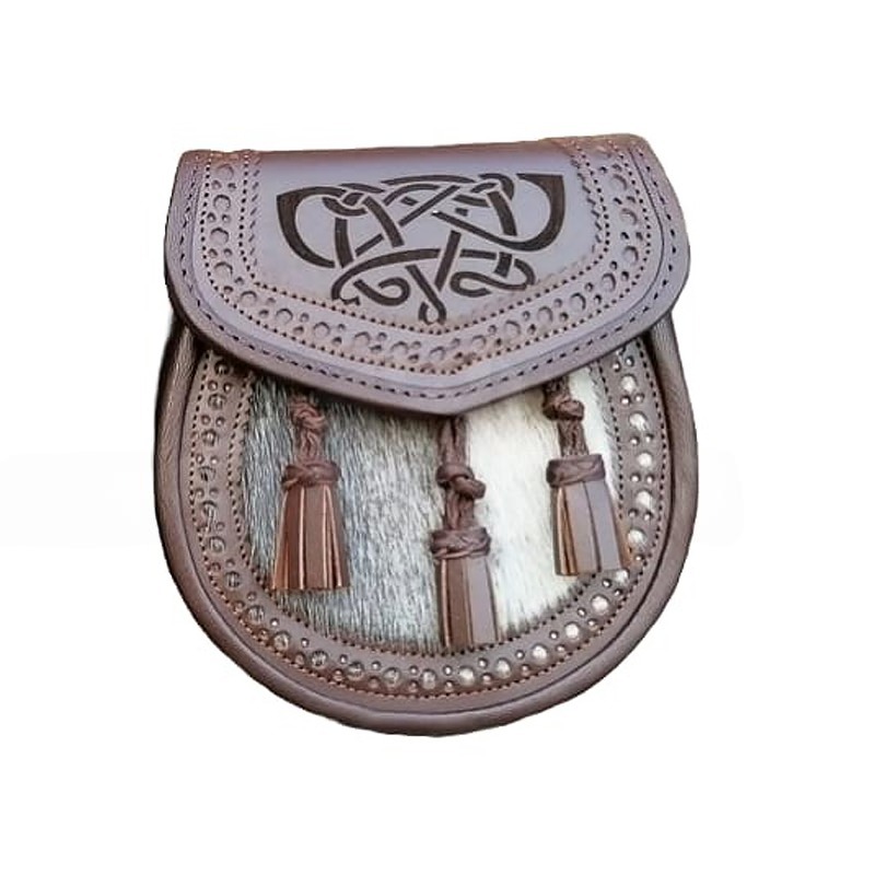 brown sporrans seal skin on front three tassels Seal Skin Sporrans Brown Celtic Knot design on front - Image 1