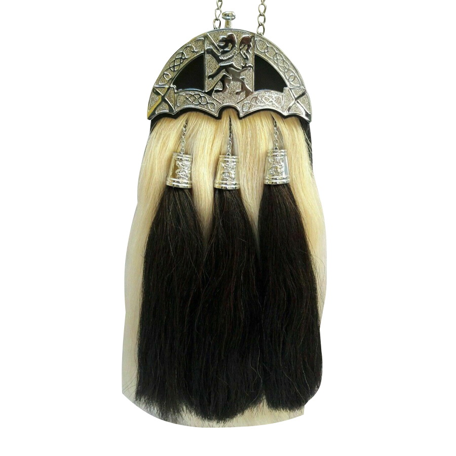 horsehair sporrans white body 3 black tassels rampant lion cantle top Horse Hair Sporran – White Hair Body with Rampant Lion Cantle - Image 1