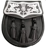 Black Leather Sporran with Thistle Cantle – Three Tassels