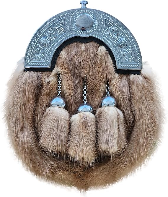 brown rabbit fur sporran Brown Rabbit Fur Celtic Knot Cantle Top Scottish Highland Sporran - Image 1