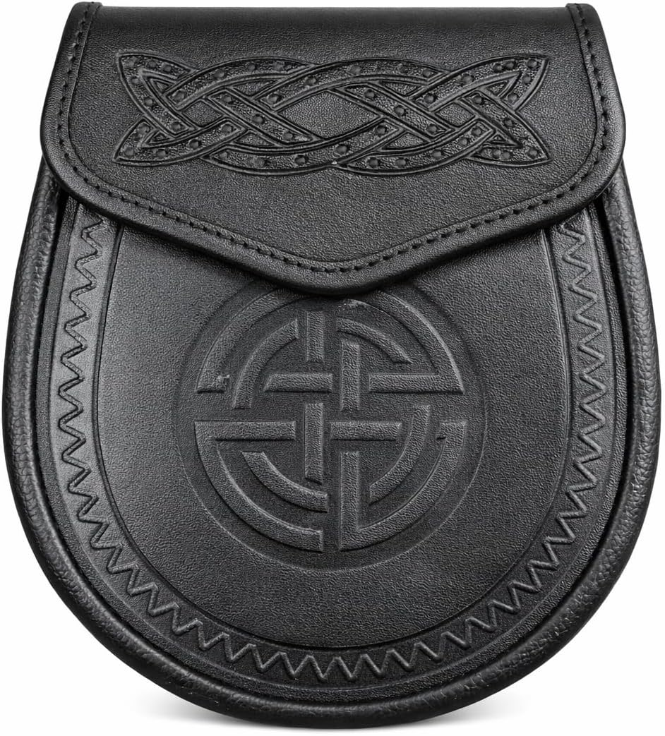 celtic embossed black sporran Celtic Double Embossed Black Leather Scottish Highland Sporran - Image 1