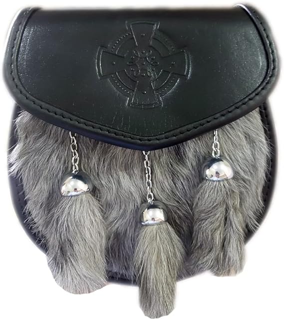 grey rabbit sporran celtic cross on flap Grey Rabbit Fur Celtic Cross Embossed Scottish Kilt Sporran - Image 1
